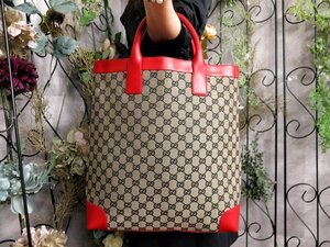 ●超美品●GUCCI グッチ●GGキャンバス カーフ レザー 本革●トート バッグ●ベージュ 黒 赤●腕掛け●A4 収納●書類 かばん●Js53529