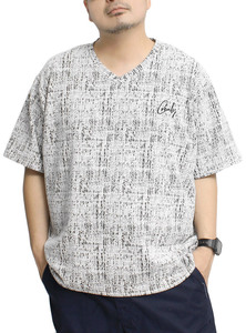 【新品】 3L ホワイト Vネック 半袖 Tシャツ メンズ 大きいサイズ 総柄 接結 ふくれ ジャガード ロゴ 刺繍 プリント カットソー