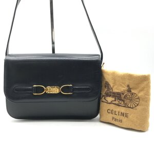 1円 良品 CELINE セリーヌ 馬車金具 ヴィンテージ レザー ショルダー バッグ ネイビー a6778