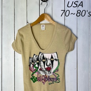 T●341 USA古着 70s～90s USA製 仮面柄 フライスチビTシャツ S～M オールド ヴィンテージ アメリカ古着 スキニーTシャツ タイト