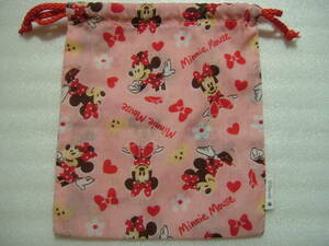 ミニーマウス巾着袋　18×16cm　ピンク　綿100％
