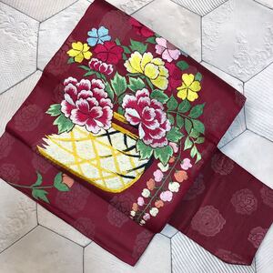 アンティーク　名古屋帯　着物　花籠　手刺繍　紅色　昭和レトロ　大正ロマン　モダン　和洋折衷コーデ　リメイク　絹　正絹100% け19-03y