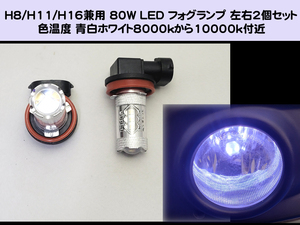 ★H8/H11/H16兼用 80W LED フォグランプ 左右2個セット 青白ホワイト 8000kから10000k付近