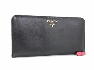 1円 PRADA プラダ サフィアーノレザー 二つ折り 長財布 ウォレット 小銭入れ 札入れ カード入れ レディース ブラック系 AY4410