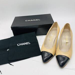 【保管品】CHANEL シャネル バイカラー ポインテッド パンプス ヒール 36 ベージュ ブラック 箱付 / io-2595-sw