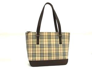 1円 BURBERRY バーバリー ノバチェック キャンバス×レザー トートバッグ ハンドバッグ ショルダー 肩掛け レディース ブラウン系 FL3208