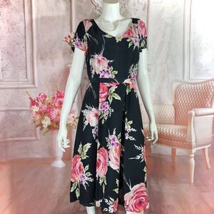 LAURA ASHLEYブラックピンクローズ柄シルクドレスワンピース 11号　L 