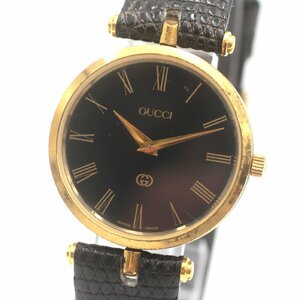 1円 稼働 GUCCI グッチ シェリーライン 2000M QZ クオーツ GP 革 黒文字盤 腕時計 メンズ ラウンド ブランド 0810820241015