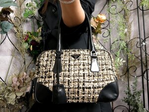 ●超美品●PRADA プラダ●三角ロゴプレート●ツイード カーフ レザー 本革●ミニ ボストン ハンド バッグ●黒 ベージュ●SV金具●Js53709