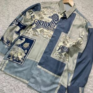 【美品・L相当】RIM ROMAN 長袖 柄シャツ アニマル 総柄 古着 80s 90s ヴィンテージ ビンテージ 金ボタン 奇抜 和柄 メンズ ゆったり 希少