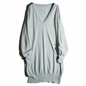 M2151f63　▼Maison Margiela メゾンマルジェラ 4▼ 18SS スエード エルボーパッチ Vネック コットンニット ワンピース グレー L 春夏