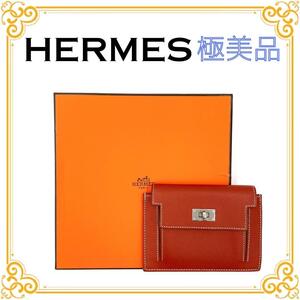 HERMES エルメス ケリー ポケットコンパクト ポーチ 小銭入れ レディース オレンジ 小物 シルバー金具 極美品 箱付き おしゃれ きれいめ