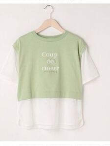 ポンポネット新作バッグリボンレイヤード風半袖Tシャツ140cmイエローグリーン★訳あり新品激安！送料無料