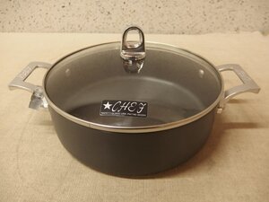 0240208w【東京アルミニウム CHEF 両手鍋】シェフ/ガラス蓋/調理器具/キッチン道具/キャセロール/φ24.5×フチH7.5cm程/中古品