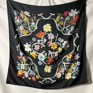 GUCCI フラワー 花柄 シルクスカーフ 総柄 イタリア製 ヴィンテージ OLD ブラック