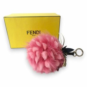 ほぼ美品 FENDI フェンディ パイナップルフルーツ フォックスファー バッグチャーム キーホルダー ピンク×シルバー金具 ◆