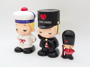 R-076870 内藤ルネ(RUNE) ルネの陶器 レトロでかわいい貯金箱3点セット(I AM A SAILOR-BOY、I LOVE PARIS、置物、陶器人形、コインバンク)