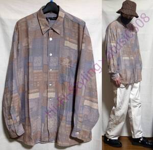 アート柄 総柄シャツ ヴィンテージ 長袖シャツ メンズ L 古着 vintage big shirt オーバーサイズ 柄シャツ アート 芸術的