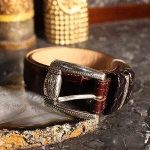 USA VINTAGE BRIGHTON BUCKLE DESIGN METALWORL LEATHER BELT/アメリカ古着バックルデザインメタルワークレザーベルト