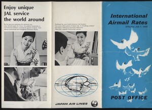 日本航空 JAL インターナショナル エアメールレート英文案内パンフ1枚　1966年 ：訪日外国人向け郵便物(手紙 ハガキ 荷物）ガイド 郵便局