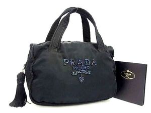 1円 ■美品■ PRADA プラダ テスートナイロン タッセル ビーズ ハンドバッグ トートバッグ レディース ブラック系 BK3961