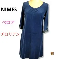 NIMES★ベロア素材のチロリアンワンピース★ネイビー紺七分袖