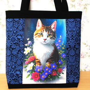 大きめトートバッグ 美しい猫 貴族 お姫様 薔薇 ハンドメイド ショルダーバッグ　A4 エコバッグ ショッピングバッグ