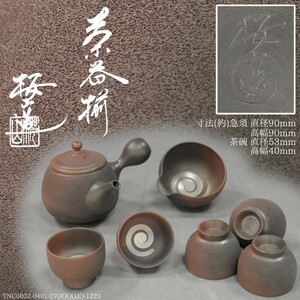 天地堂《煎茶器 玉露茶器》未使用 常滑焼 桜山造 名工 水上清 窯変 藻掛 急須 茶注 湯冷 煎茶碗 茶器揃 共箱 栞 仕覆