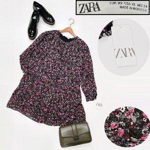 ZARA /XS/ ピンク系 長袖ワンピース ショートドレス レディース タグ付き カジュアル ブラック 花柄 フェミニン 大人可愛い ガーリー ザラ