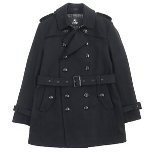 極美品△BURBERRY BLACK LABEL バーバリーブラックレーベル 裏地チェック柄 ロゴボタン カシミヤ混 ウールトレンチコート 黒 L 正規品