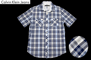 Y-4996★送料無料★超美品★Calvin Klein Jeans カルバンクライン ジーンズ★正規品 爽やかなブルー青色 チェック 半袖 シャツ Ｍ