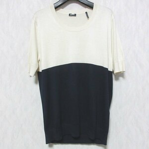 良品 JIL SANDER NAVY ジルサンダーネイビー シルク×ウール バイカラー 半袖 ニット セーター L オフホワイト×ダークネイビー ◆