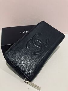 CHANEL ● 極上美品 シャネル キャビアスキン ブラック ラウンドファスナー 長財布 ココマーク 黒