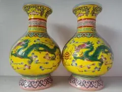 中国古美術 旧蔵 粉彩 描金 龍紋賞瓶一対 置物 賞物観賞瓶 文房具