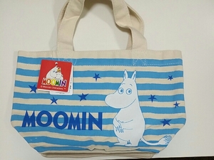 moomin ムーミントートバック かわいい水色ボーダー弁当入れ学校会社など、ミニバック、ポケット付き、お弁当袋、新品タグ付き 