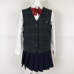 1円 ベスト マイクロミニスカート リボン 上下4点セット 冬物 女子 学生服 香川尽誠学園高校 制服 森英恵 中古 ランクB NA0164