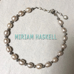 ◆ミリアムハスケル：大粒黒石付パールネックレス銀金具：ヴィンテージコスチュームジュエリー：Miriam Haskell