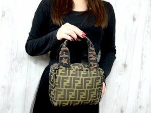 極美品 FENDI フェンディ ズッカ ハンドバッグ バッグ ナイロンキャンバス×レザー カーキ系 77918Y