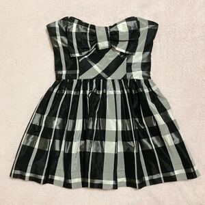 ☆TOPSHOP チェック リボン ミニ ドレス ブラック 光沢 ホワイト ベア ワンピース フレア コルセット サテン 黒 白 柄 衣装 パーティー m l