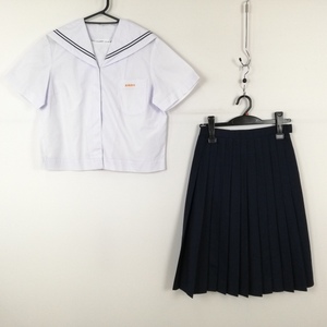 1円 セーラー服 スカート 上下2点セット 大きいサイズ 夏物 青2本線 女子 学生服 宮崎高鍋西中学 白 制服 中古 ランクC EY3751