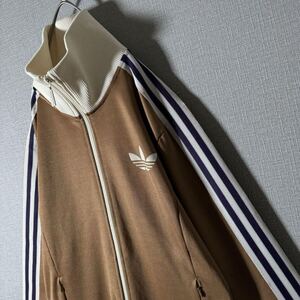 極美品★アディダス　adidas　ワンポイントロゴ　リブライン　トラックジャケット　ブラウン　クリーム　M　好配色　スリーストライプス