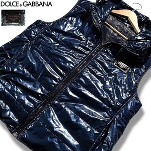 極美品/XLサイズ●ドルチェ&ガッバーナ ダウンベスト 中綿 ジャケット フード DOLCE&GABBANA ドルガバ 金具プレート 光沢感 手洗い可◎ 52