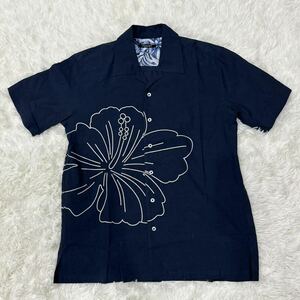 barassi バラシ　半袖シャツ　オープンカラー　刺繍　リネン　コットン　サイズ48 花柄　ネイビー 紺　アロハシャツ　ハワイアンシャツ 