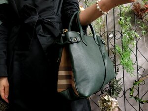 ●超美品●BURBERRY バーバリー●ノバチェック●キャンバス カーフ レザー 本革●2way ハンド バッグ●ダークグリーン●G金具●A4●Js53089