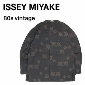 80s 筆タグ 最高傑作 入手困難 ISSEI MIYAKE カスリ 総柄 着物 比翼仕立て スタンドカラー 長袖シャツ メンズM イッセイミヤケ ビンテージX