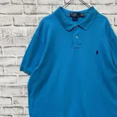 ラルフローレン！ポロシャツ！半袖　ロゴ刺繍 ブルー2XLオーバーサイズ13