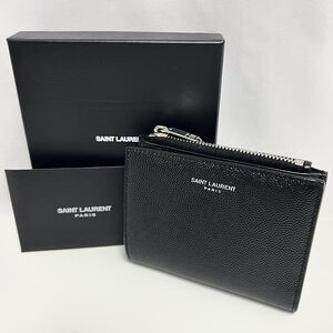 新品 サンローラン 正規 レザー コンパクト ウォレット 折り財布 Saint Laurent 小銭入れ 財布 ブラック コインポケット付 ジッパー 黒