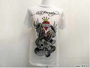 EdHardy NYCラインストーン貼付けプリント半袖Tシャツ 白ホワイト メンズS / エドハーディー男性ニューヨークシティTee