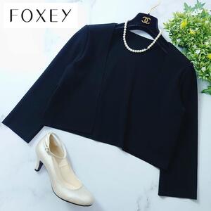 定価4.1万 美品 FOXEY NEWYORK フォクシーニューヨーク Square Cardigan スクエアカーディガン ボレロ 40 ブラック レーヨン 黒 アウター