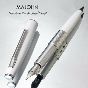 ■●多機能【MAJOHN】N102 万年筆+メタル ペンシル 削らずに書き続けられる金属鉛筆 ホワイト F細字 ペンケース・替え芯2本付 新品/MN102WH